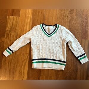 Janie and Jack White Cable-Knit V-Neck Sweater with Green & Navy Stripes
